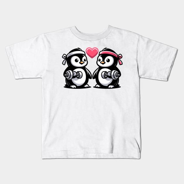 Penguin Couple Pumping Iron Kids T-Shirt by Purrformance Wear